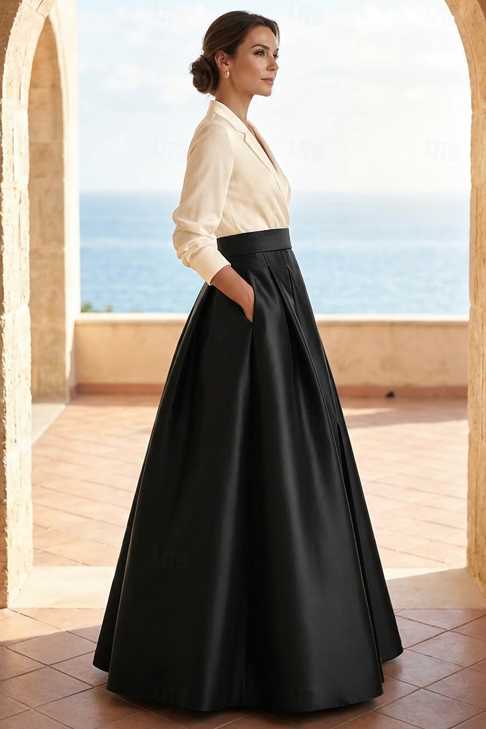 Linea ad A Lunghezza al pavimento Abito da Sera Da principessa Abito formale Elegante Festa Monocolore Manica Lunga Scollo a V Matrimonio Cravatta nera Invitato a matrimonio autunnale Raso Tessuto del 2026 a $172.99 –P3