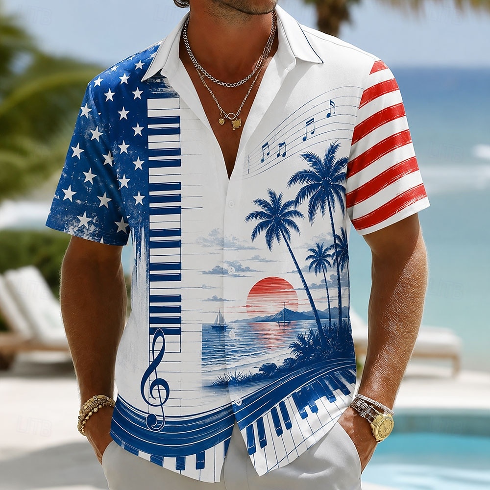 4th of July 2026 250th Men's Pano Keys American Flag Coconut Palm Shirt Summer Shirt Button Up Shirt Short Sleeve Patriotic Daily Streetwear Summer Spring Turndown 3D Print Collared Shirts Blue Blue 2026 - $25.99 –P1