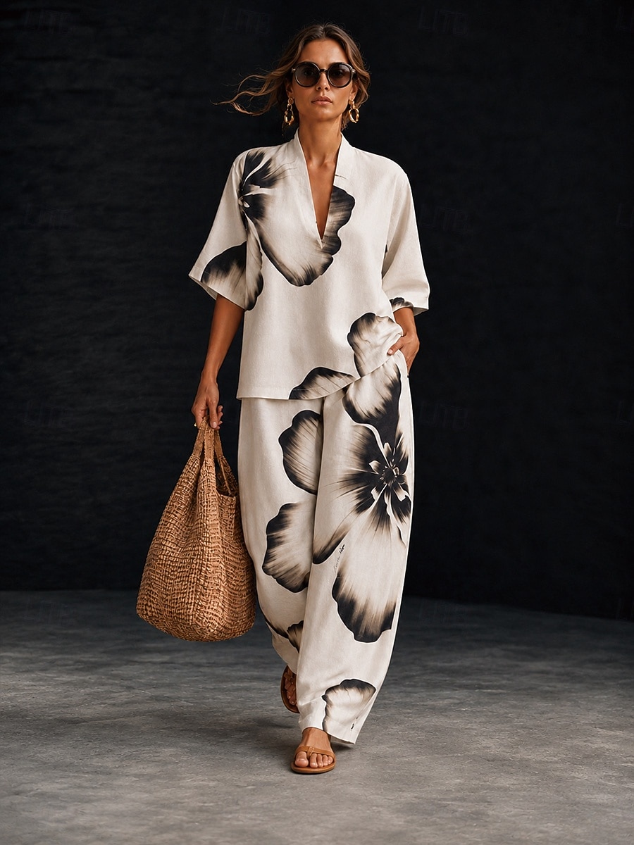 Women's Shirt Cotton Linen Sets Pants Sets Short Sleeve Half Sleeve V Neck Floral Graphic Geometric Print Vacation Fashion Streetwear Casual Daily Outdoor Black White Ivory Spring & Summer Loose Fit 2026 - $55.99 –P1
