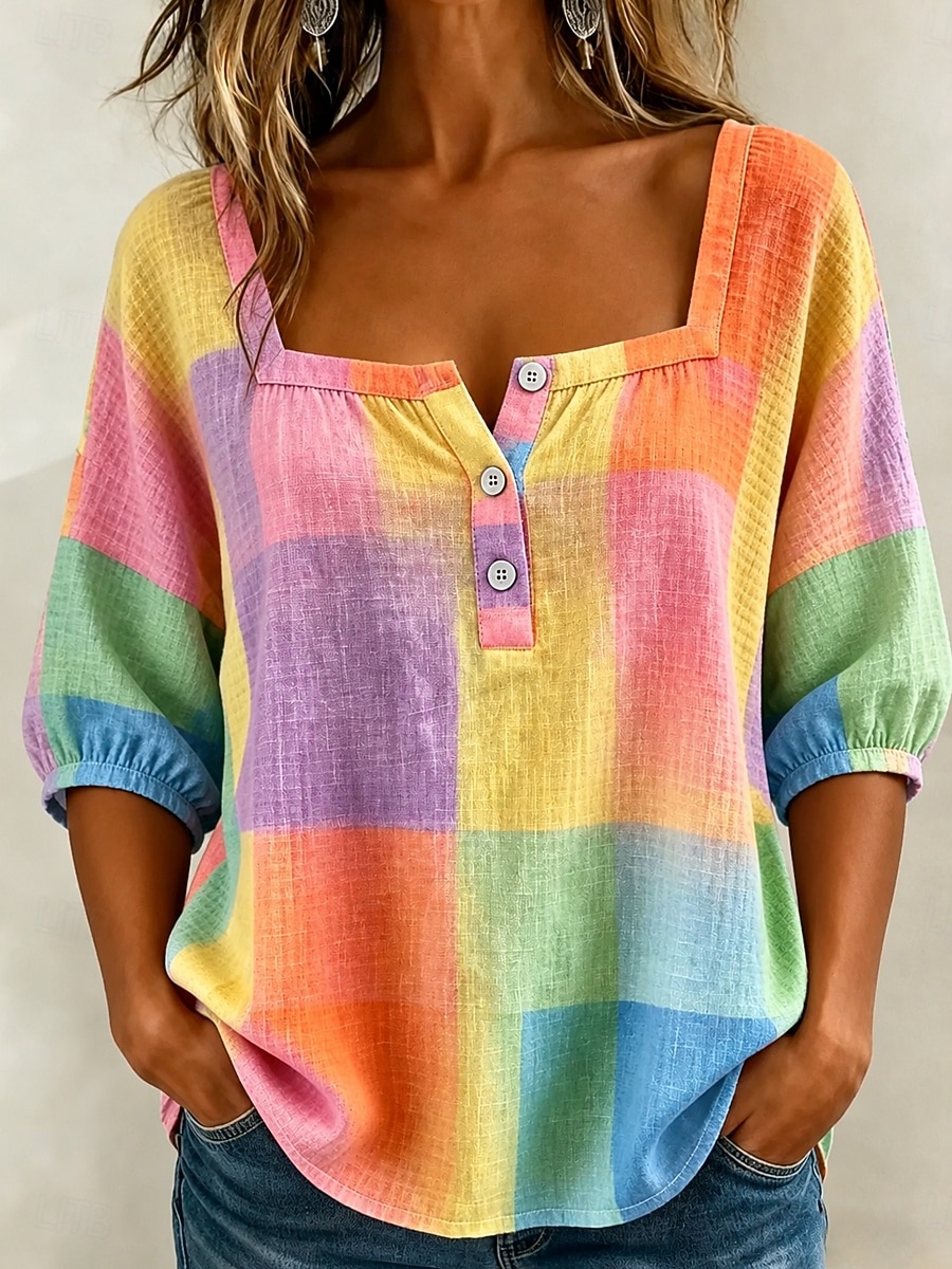 Mujer Blusa Estampado Graphic Geométrico Diario Elegante Casual Media Manga Escote Cuadrado Tops regulares Casual Diario Rosa Morado Naranja Verano Primavera 2026 - $33.99 –P1