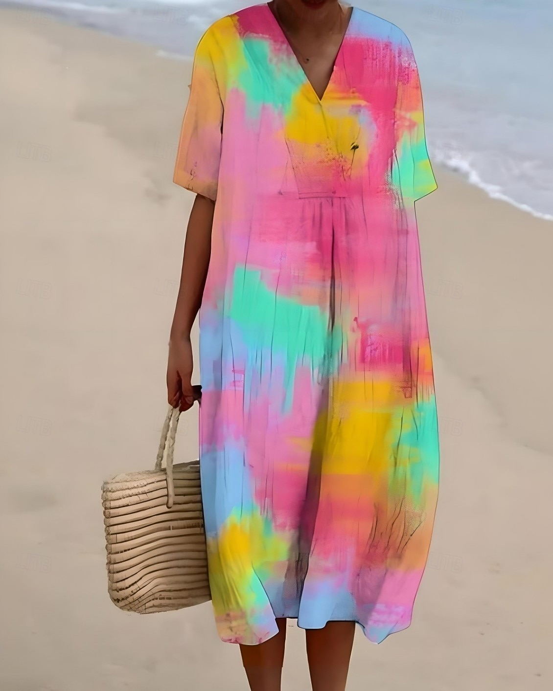 Per donna Abito Midi Vestito Estivo Abito a trapezio Vacanza Casual Spiaggia Spiaggia Feste Vestibilità comoda Grafico Geometrico Manica Corta Scollo a V Rosa Arancione Arcobaleno Estate Primavera del 2026 a $39.99 –P2
