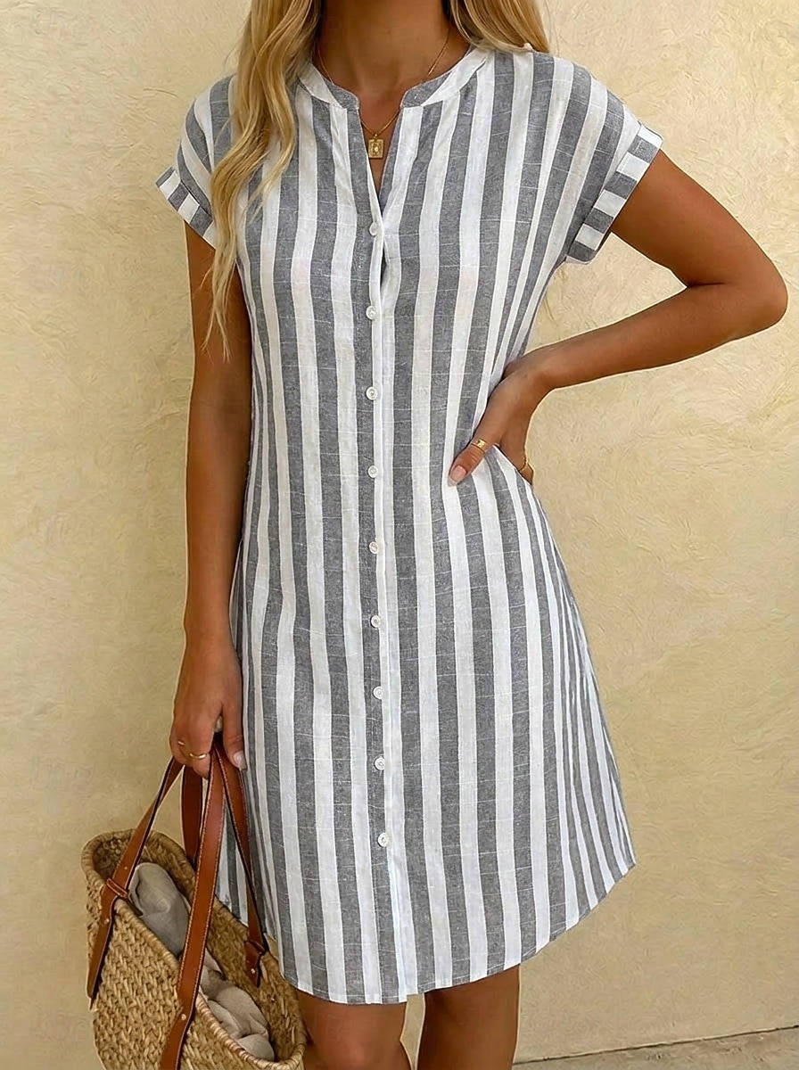 Mujer Vestido hasta la Rodilla Vestido de Camisa Vestido informal Vestido a rayas Elegante Moda Diario Vacaciones Ajuste regular A Rayas Manga Corta Collar mandarín Rojo Azul Marino Gris Azul claro 2026 - $22.99 –P2