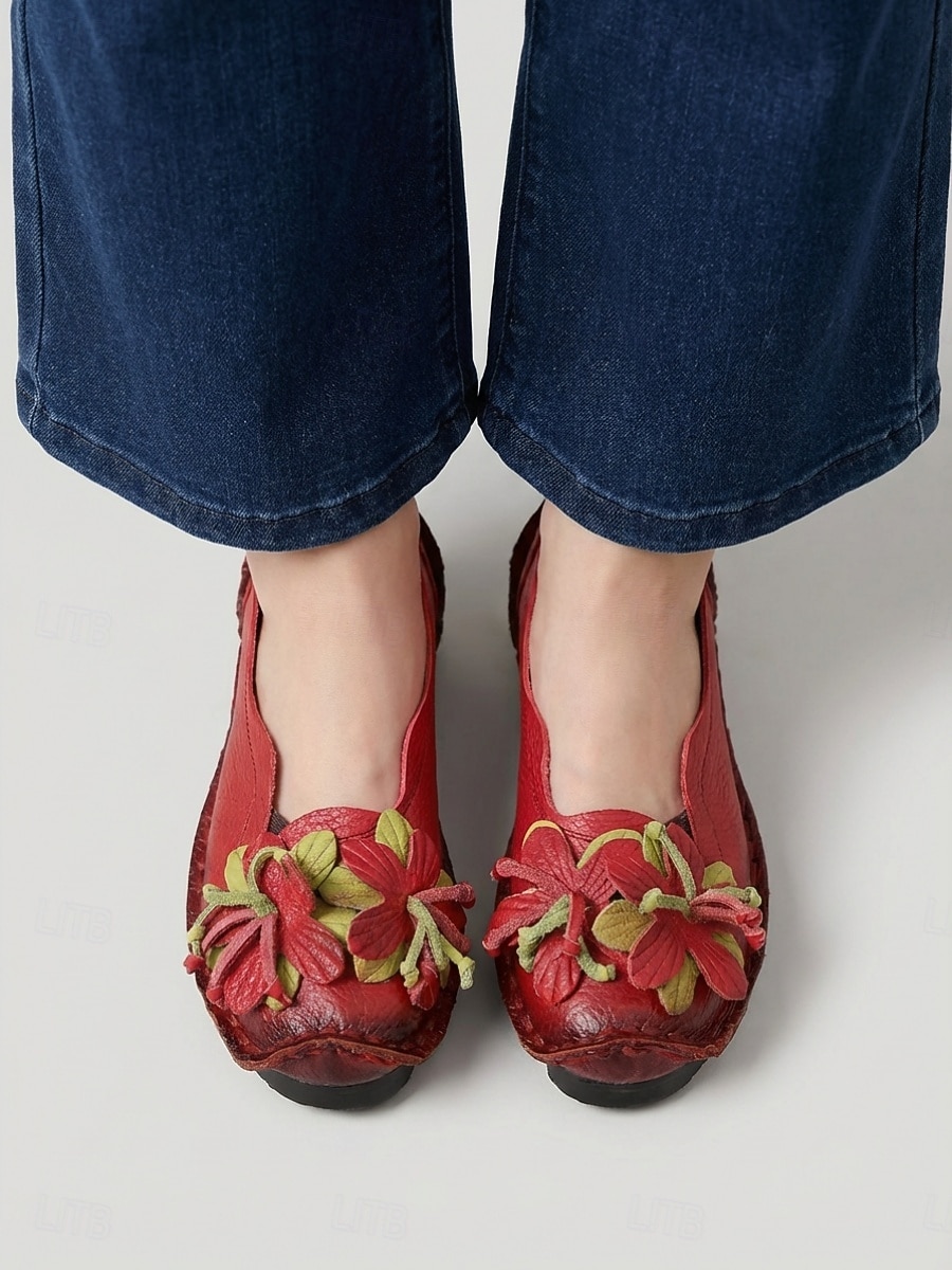 Ballerines confortables en cuir de vachette rouge premium pour femme - légères et confortables toute la journée, ornées d'appliqués floraux faits main, avec semelle antidérapante, idéales pour la de 2026 ? $46.99 –P1