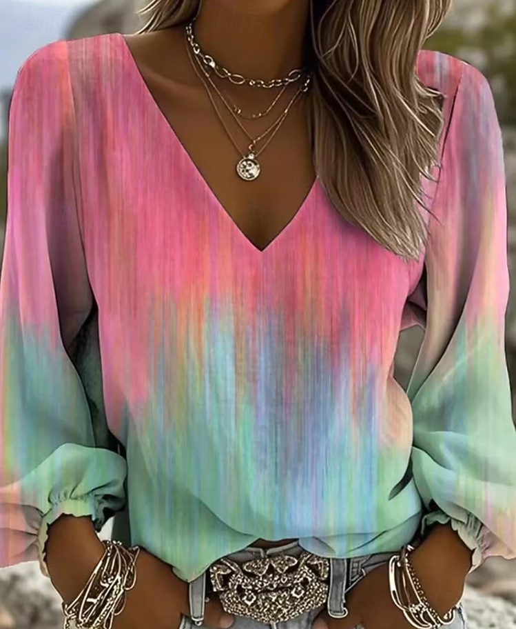 Mujer Camisa camisa boho Graphic Abstracto Elegante Bohemia Vacaciones Manga Larga Escote en Pico Tops regulares Casual Diario Festivos Azul Piscina Amarillo Verde Claro Rosa Marrón Verano Primavera 2026 - $13.49 –P11