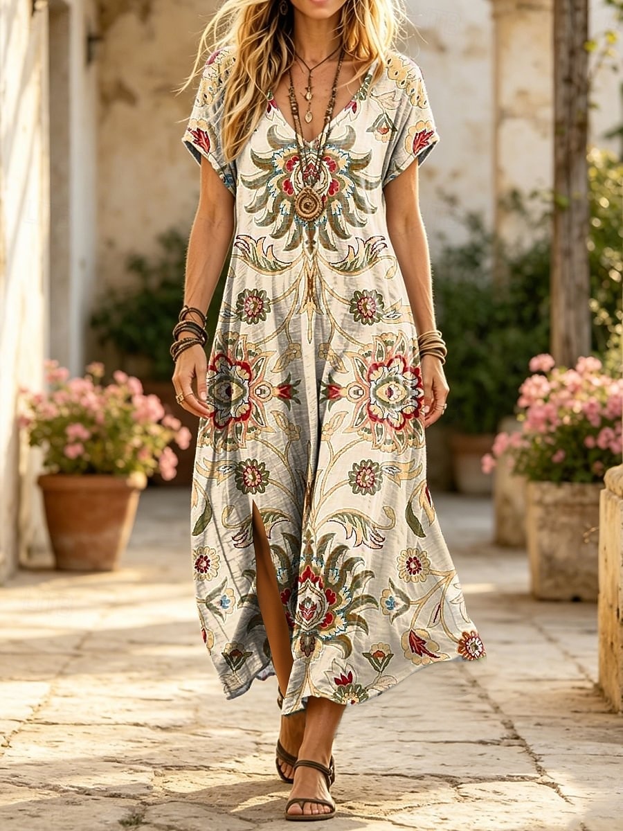 Women's Midi Dress Shift Dress Casual Regular Fit Floral Geometric Abstract Short Sleeve V Neck White Green Beige Summer Spring 2026 - $25.99 –P1
