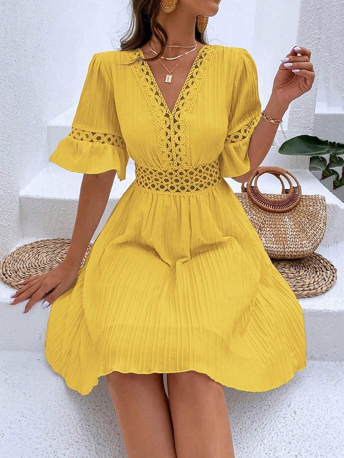 Women's Knee Length Dress Sundress Casual Dress Vacation Casual Boho Beach Party Date Regular Fit Plain Short Sleeve V Neck Blue White Yellow Red Summer Spring 2026 - $32.99 –P12