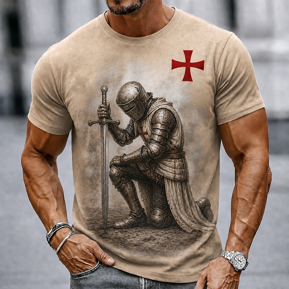 Men's Knights Templar Crusaders Cross T Shirt Short Sleeve T shirt 3D Print Crew Neck Shirt Religious Daily Street Holiday Light Brown Brown Khaki All Seasons Clothing Apparel S M L XL XXL XXXL 2026 - $18.99 –P2