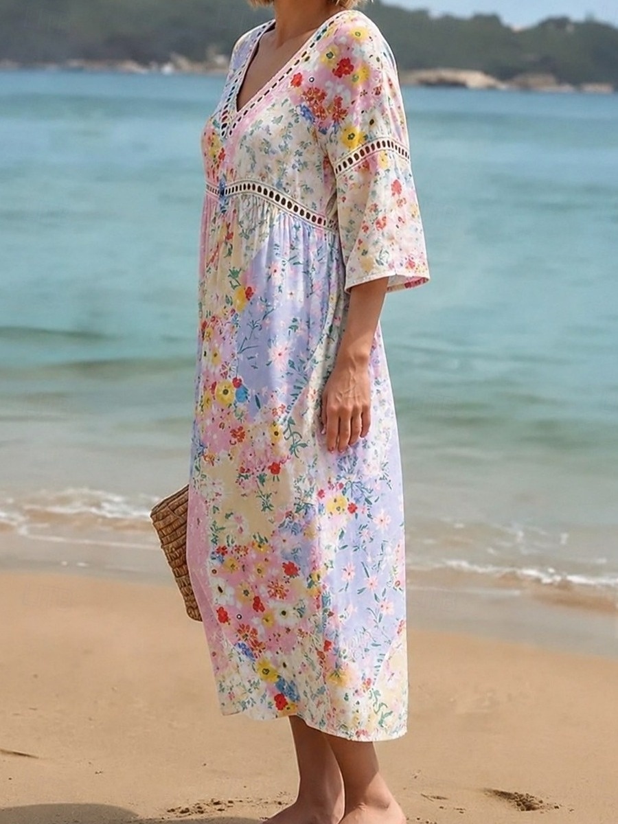 Damen Midikleid Shiftkleid Sommerkleid Urlaub Party Lässig Täglich Strand Party Lässiger Schnitt Blumen Grafik Dreiviertelarm V Ausschnitt Blau Hellgrün Rosa Rosa Sommer Frühling 2026 - $37.99 –P3