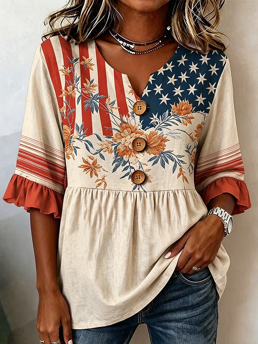 Giorno dell'Indipendenza Americana Per donna Camicia Grafico Bandiera Americana Vintage Elegante Mezza Manica Girocollo Top Regolari Casuale Quotidiano Weekend Blu Rosso Blu marino Beige Estate del 2026 a $33.99 –P1
