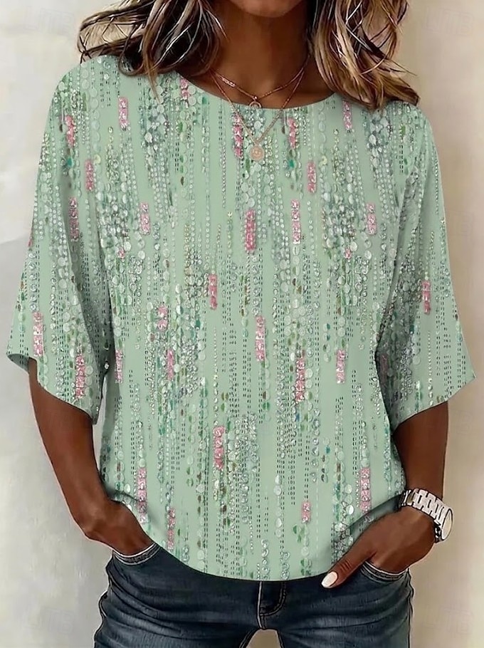 Femmes Chemises effet lin Chemisier Imprimé Fleuri Graphique Bohème ancien Tropical Manche 3/4 Col ras du cou Hauts Réguliers Occasionnel Quotidien Vêtements de vacances Vert herbe Rose Claire Violet de 2026 ? $28.99 –P4