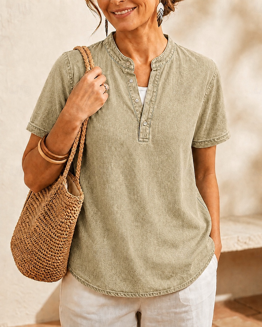 SoftFade™ Women's 100% Cotton Henley Shirt Solid Color Vintage Fashion Stylish Short Sleeve V Neck Regular Tops Casual Beach Blue Khaki Black Purple Orange Summer Spring 2026 - $28.99 –P15