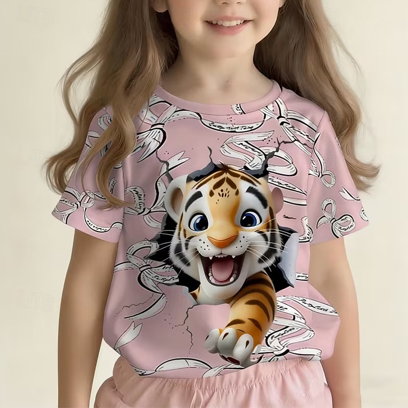 2026年 女の子 3D グラフィック レオパード Tシャツ Ｔシャツ 半袖 3Dプリント 夏 春 スポーツ ファッション ストリートファッション 子供 5〜12年 クルーネック カジュアル 日常 アウトドア レギュラー  コレクション – $13.49 –P9