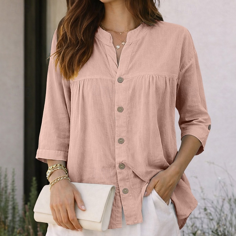 Dam Skjorta Casual skjorta Knapp upp skjorta Konstbomullslinne Rynkad Ensfärgat Slät Elegant Semester Mode Halvlång ärm Hög krage Långa toppar Streetwear Strand Helgdag Blå Svart Vit Rodnande Rosa 2026 - $31.99 –P6