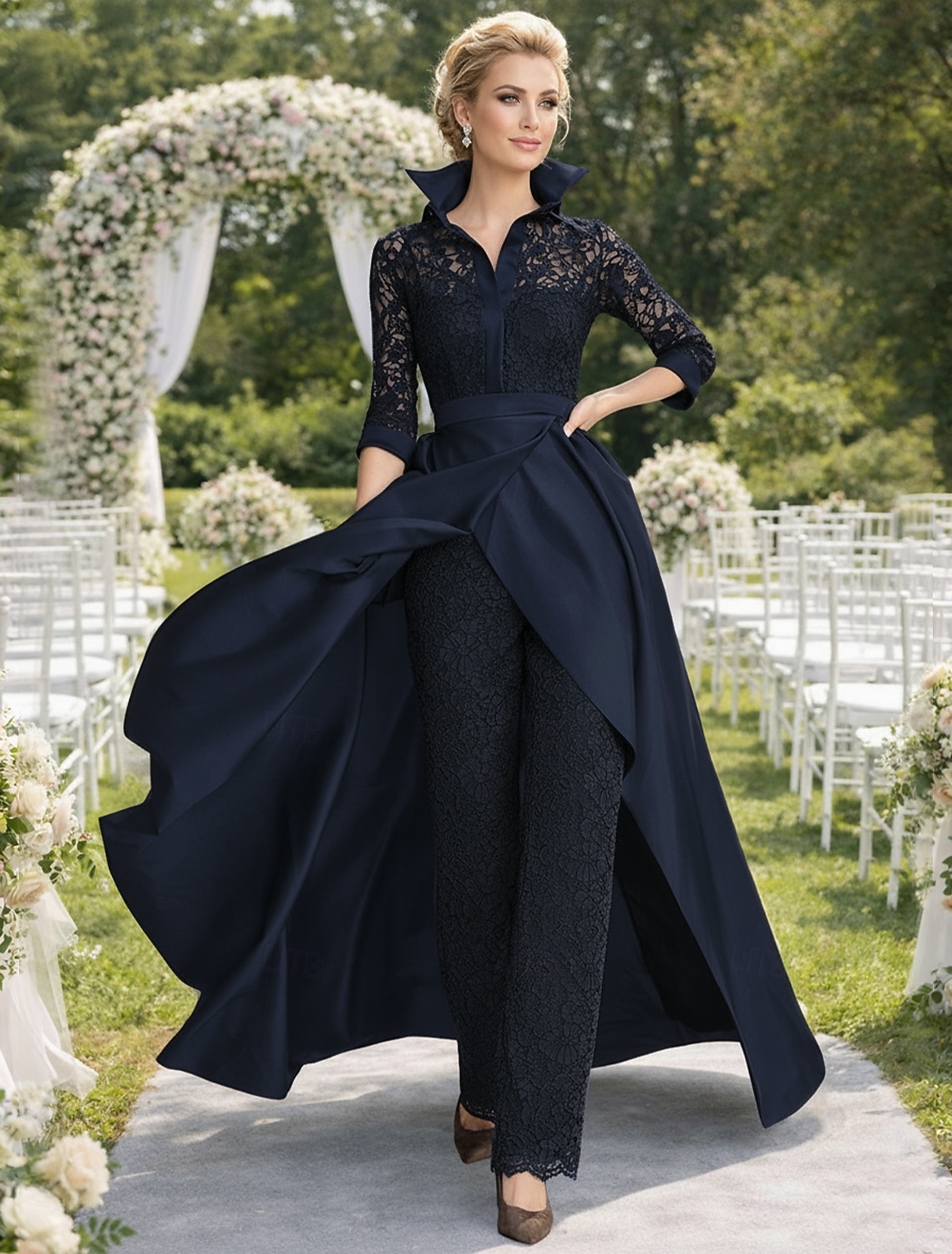 Pantaloni Lungime Podea Rochie Mama Miresei Lungime Manșon 3/4 Guler Cămașă Epocă Petrecere Oficial Invitat la nunta Seară Formală Satin Dantelă cu Ruching 2026 - $206.99 –P6