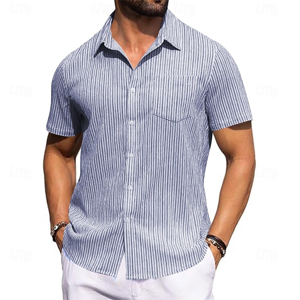 Men's Shirt Ribbed Knitted Casual Shirt Button Up Shirt Pink Navy Blue Green Light Blue Short Sleeve Vertical Stripes Shirt Collar Casual Daily Front Pocket Clothing Apparel Elegant Fashion Casual 2026 - $20.99 –P4