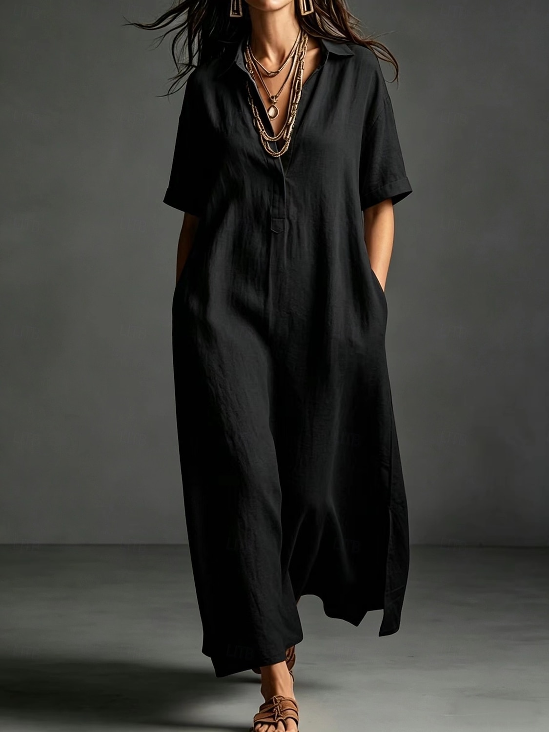 Women's Maxi long Dress Linen Dresses Elegant Vacation Loose Fit Plain Short Sleeve Shirt Collar Summer 2026 - $33.99 –P10