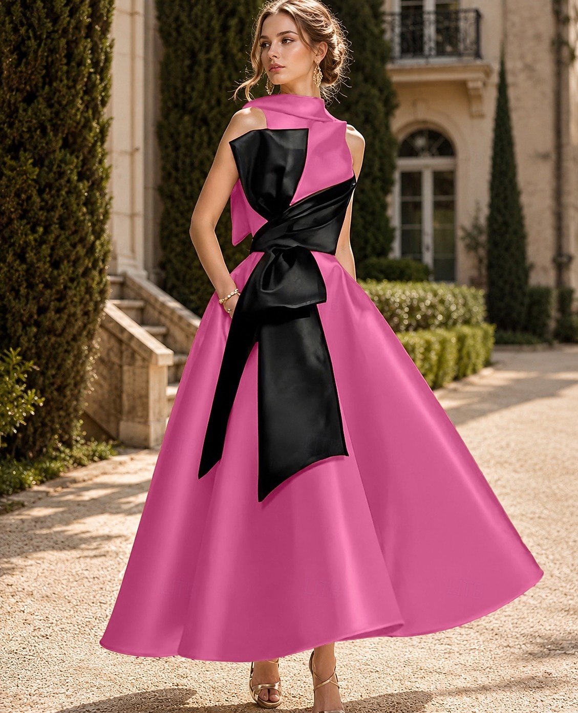 Linha A Longuette Vestidos de cocktail Vestidos de festa Elegante Sedoso Sem Manga Gola Redonda Casamento Formal Bolsos Cetim com Laço(s) Miçangas de 2026 por $149.99 –P13