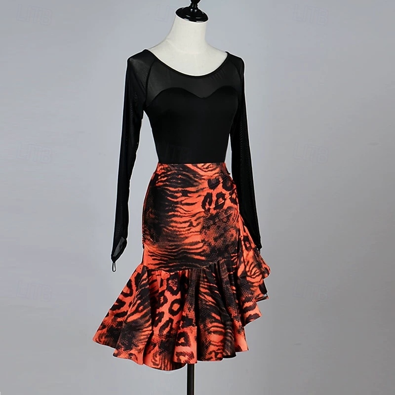 Leopard Print Latin Dance Dress - Long Mesh Sleeve Performance Wear  Orange & Black Salsa Samba Competition 2026 - $128.99 –P2