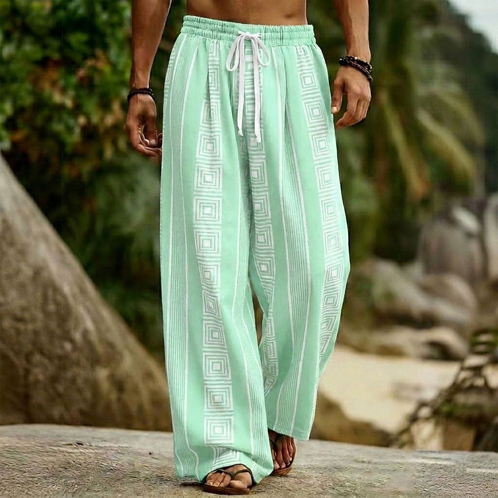 Men's Geometric Striped Bohemian Trousers Pants Trousers Baggy Pants Mid Waist Ethnic Outdoor Vacation Dailywear Drawstring Elastic Waist Wide Leg Summer Spring 3D Print Blue White Brown 2026 - $27.99 –P1