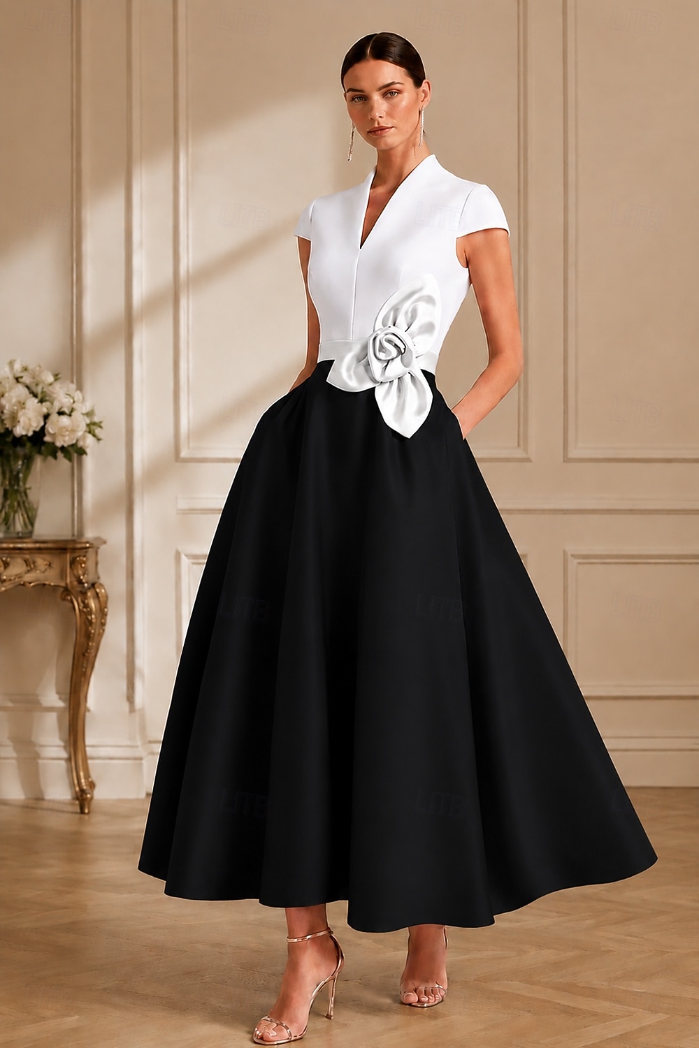 A-Linie Tee-Länge Cocktailkleider Partykleider Elegant Farbblock seidig Kurzarm V Ausschnitt Hochzeit Formell Tasche Satin mit Tasche 2026 - $172.99 –P6