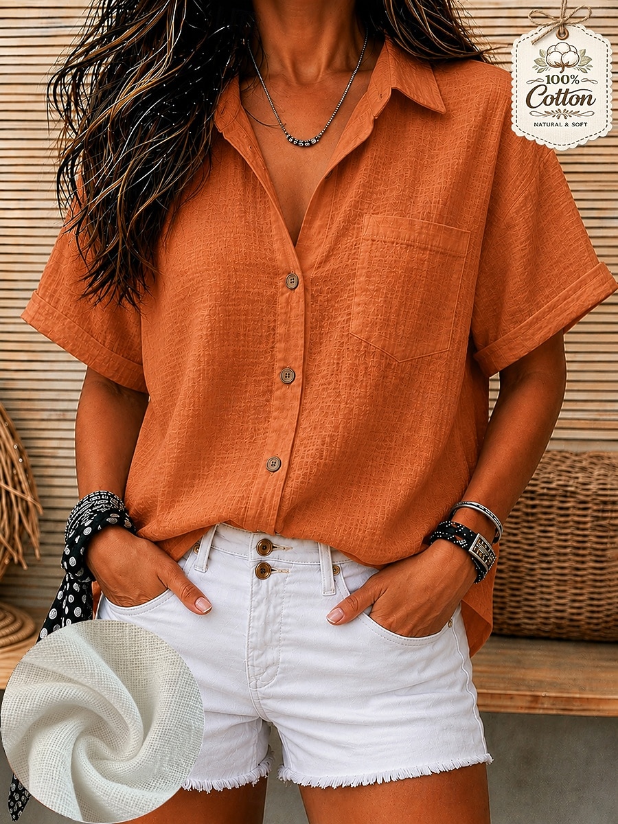 Women's Vintage Sand Wash 100% Cotton Texture Pocket Solid Color Plain Short Sleeve Regular Tops Casual White Orange Light Blue Summer 2026 - $33.99 –P1