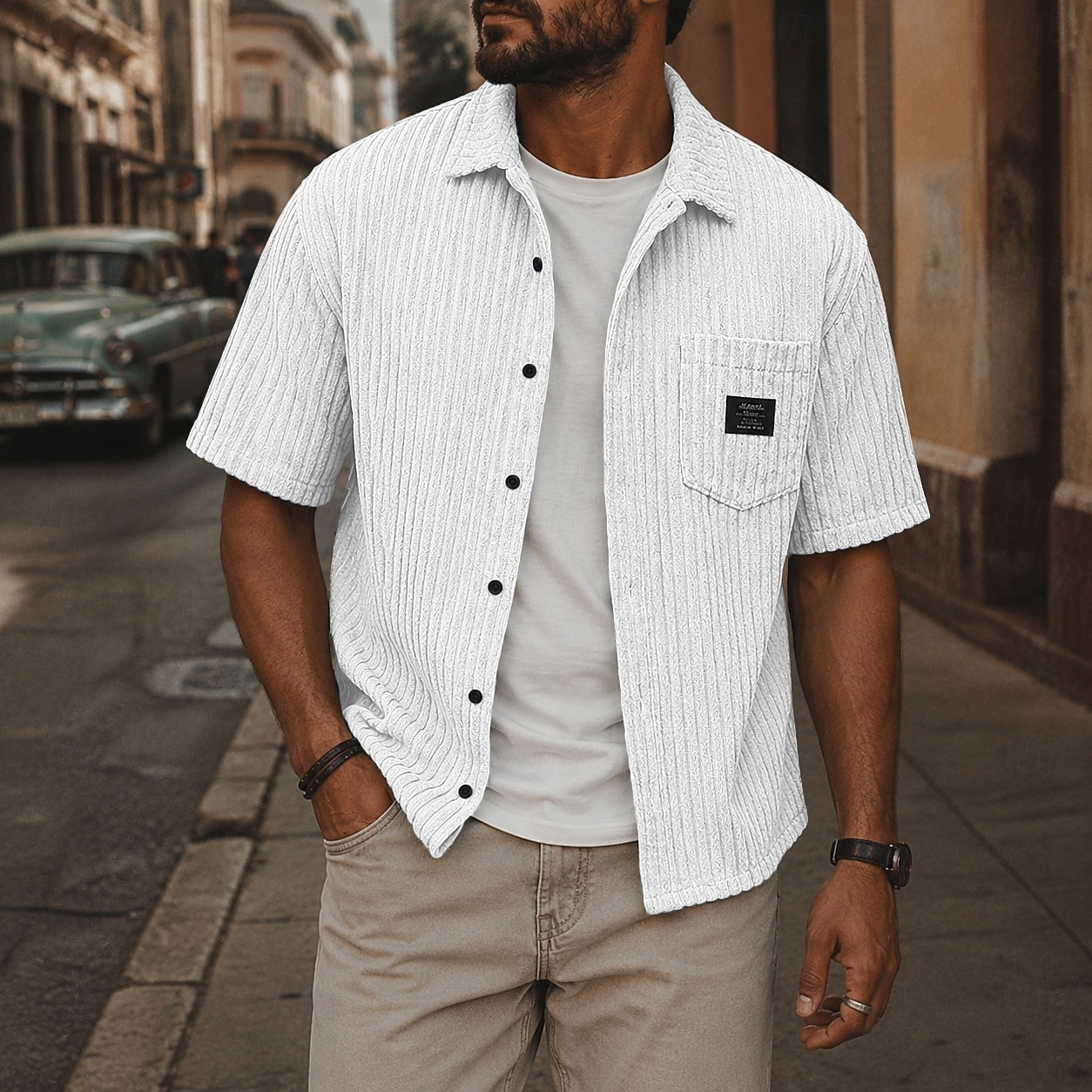 Hombre Camisa Camisa casual Camisa de Pana Abotonar la camisa Negro Blanco Azul claro Manga Corta Plano Tiras verticales Cuello Camisero Casual Diario Bolsillo delantero Ropa Elegante Moda Casual 2026 - $27.99 –P4