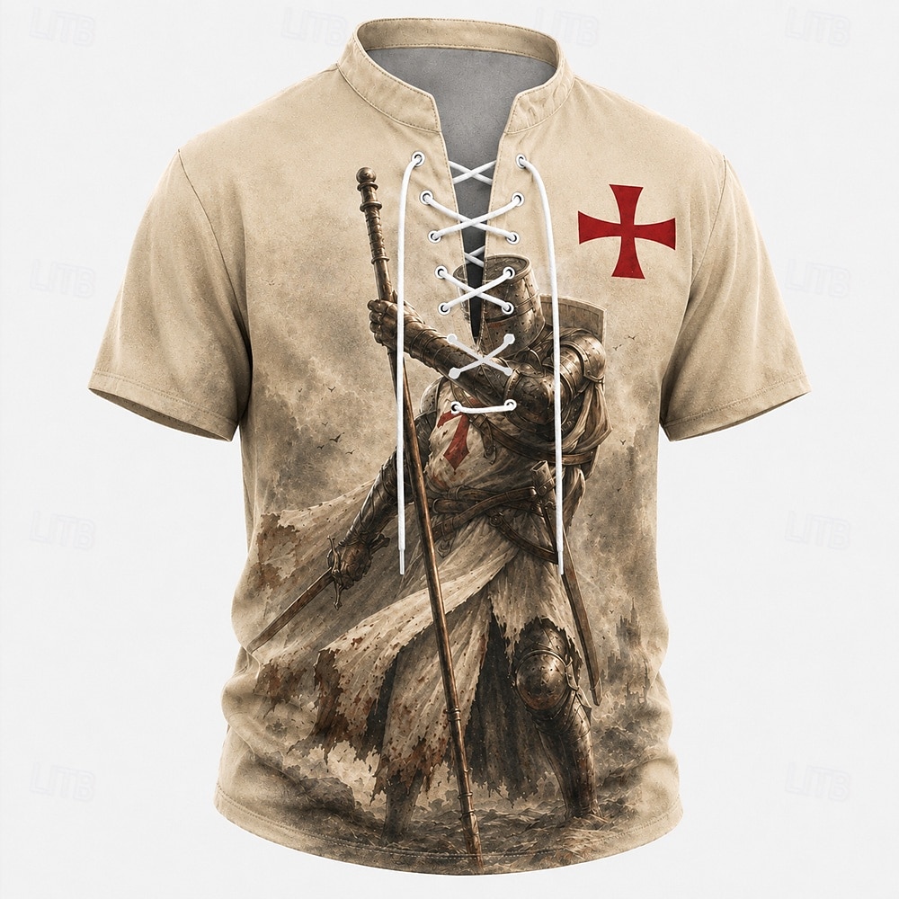 Men's Knights Templar Crusaders Cross Henley Shirt T shirt Tee Short Sleeve T shirt 3D Print Lace Up Neck Henley Shirt Religious Daily Festival Red Khaki Dark Blue Spring & Summer Clothing Apparel S 2026 - $23.99 –P2