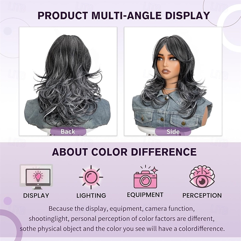 Short Dark Grey Mix Black Layered Wig with Curtain Bangs,Synthetic Gray Layered Wavy Middle Part Butterfly Wigs for Black White Women Daily Party Cosplay Costume 18Inch 2026 - $30.99 –P4