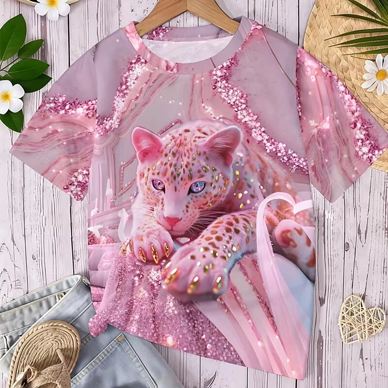 2026年 女の子 3D グラフィック レオパード Tシャツ Ｔシャツ 半袖 3Dプリント 夏 春 スポーツ ファッション ストリートファッション 子供 5〜12年 クルーネック カジュアル 日常 アウトドア レギュラー  コレクション – $13.49 –P7