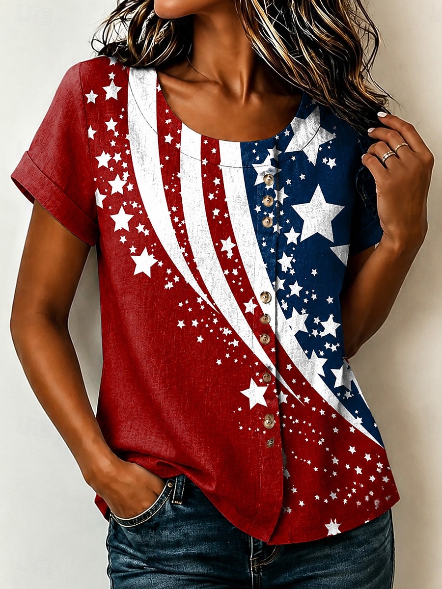 American Independence Day Women's Blouse Buttons Print Floral Graphic Vintage Tropical Stylish Short Sleeve Crew Neck Long Tops Casual Holiday Blue + Red Black Red Summer Spring 2026 - $25.99 –P2
