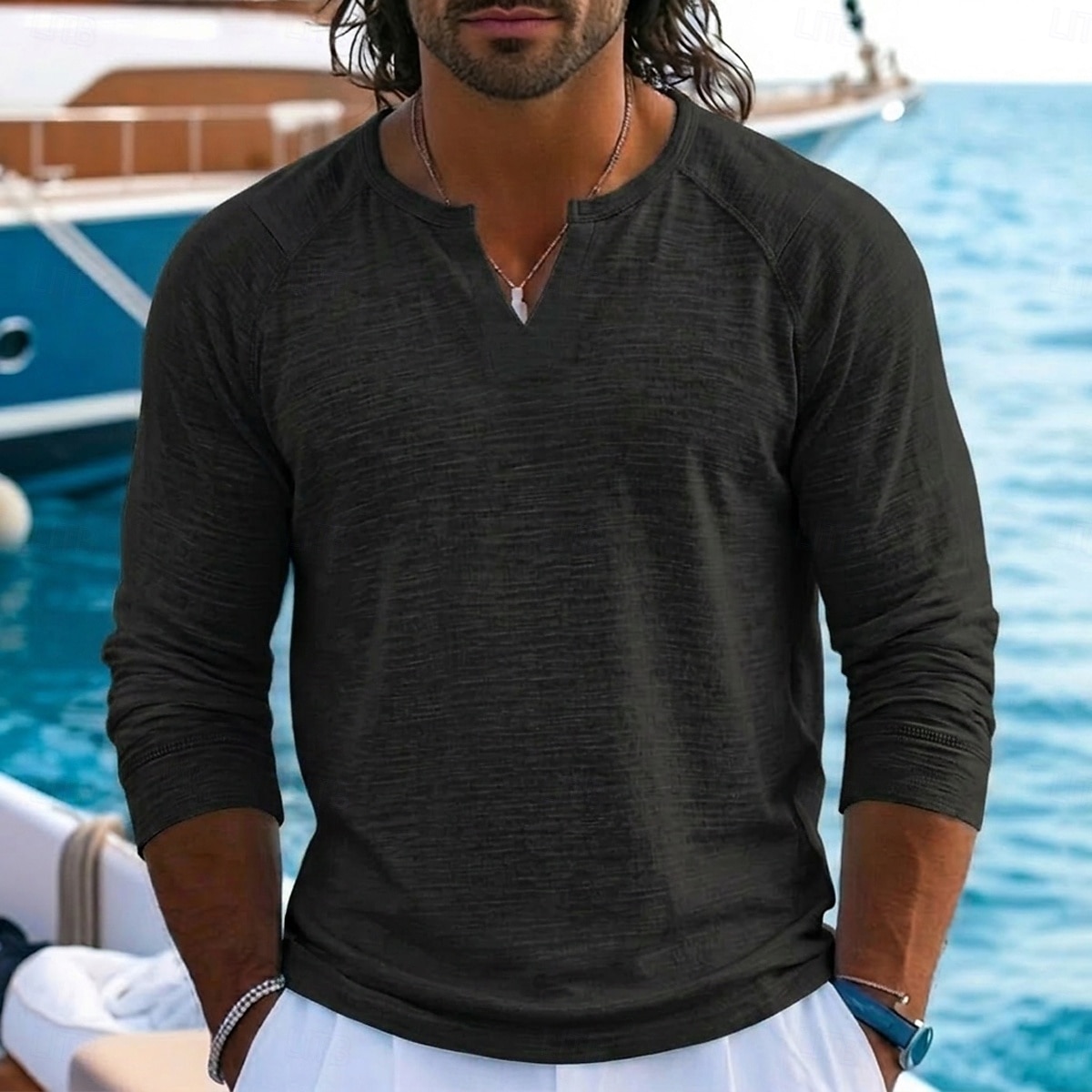 Men's Linen T-Shirt Long Sleeve V Neck Notched Spring & Summer Summer Spring Solid Color Plain Vintage Bohemian Casual See Through Raglan Sleeves Casual Vacation Street Black White Light Green Top 2026 - $20.99 –P7