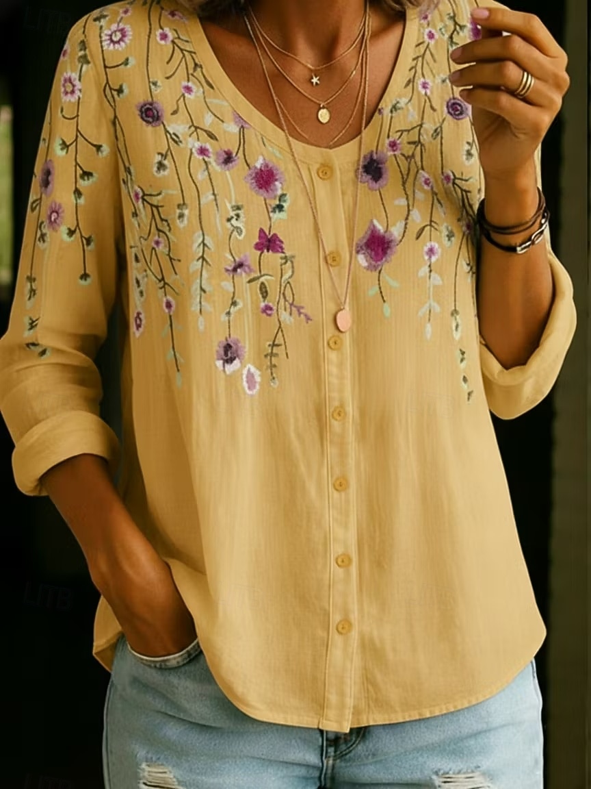 Women's Shirt Buttons Print Floral Graphic Vintage Daily Stylish Long Sleeve V Neck Regular Tops Casual Daily Blue Black White Yellow Pink Summer Spring 2026 - $34.99 –P6