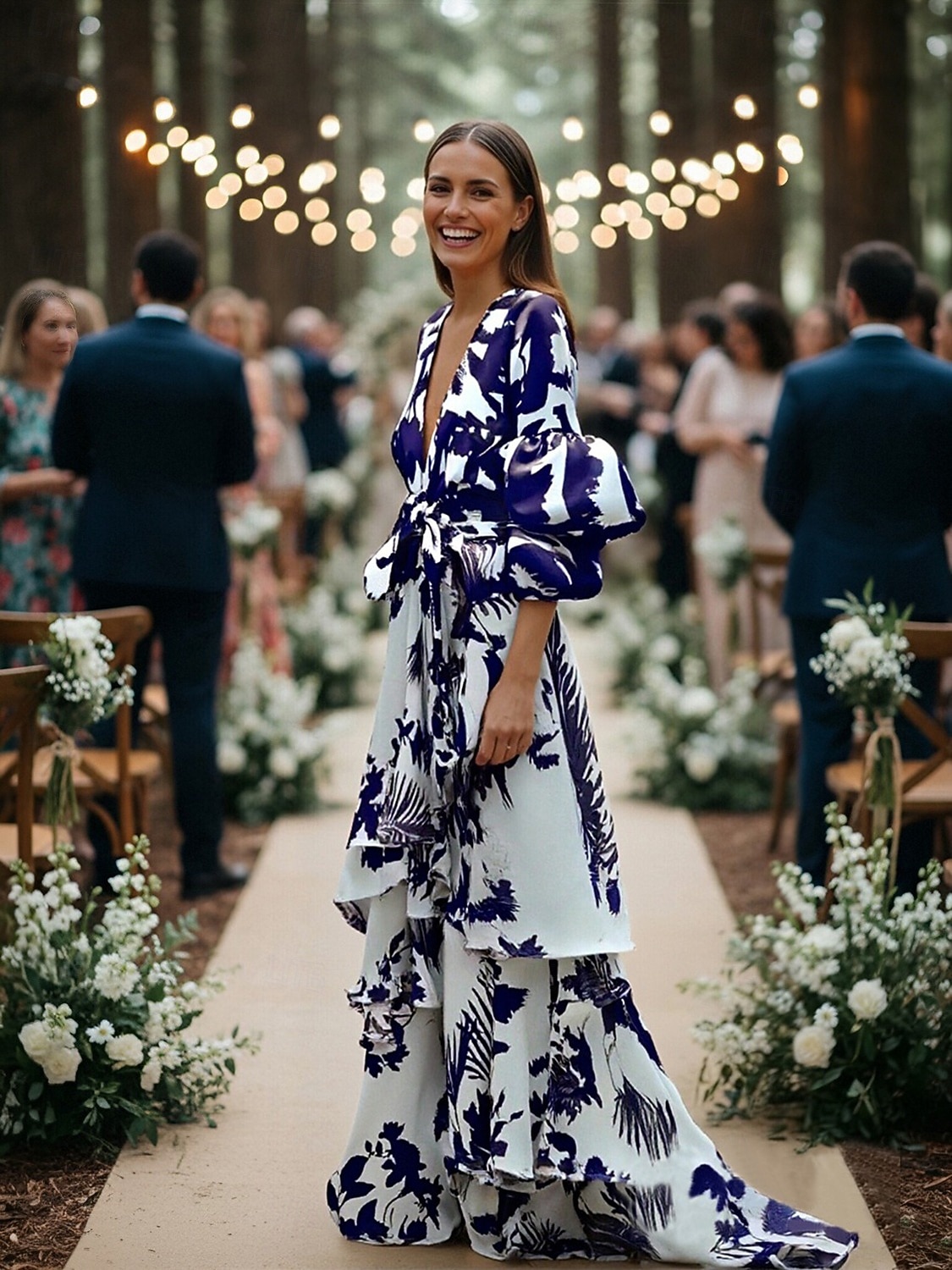 Vestido de Convidada de Casamento em Comprimento de Chão com Mangas Longas e Decote em V Vestido de Mãe da Noiva Vestido de Festa com Estampa de 2026 por $91.99 –P4