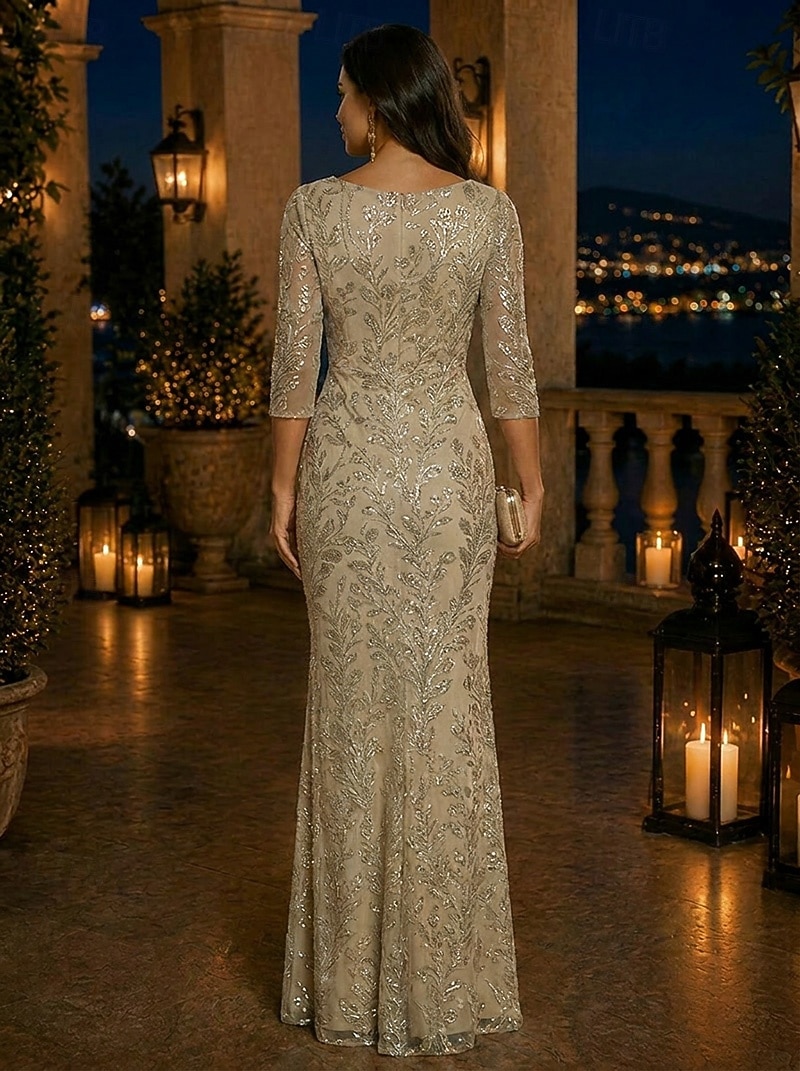 Schlauchkleid Bodenlang Abendkleid Festliche Kleidung Elegant Glitzernd Glitzern Dreiviertelarm V Ausschnitt Hochzeit Formell Spitze mit Schlitz Perlenbestickt 2026 - $194.99 –P3
