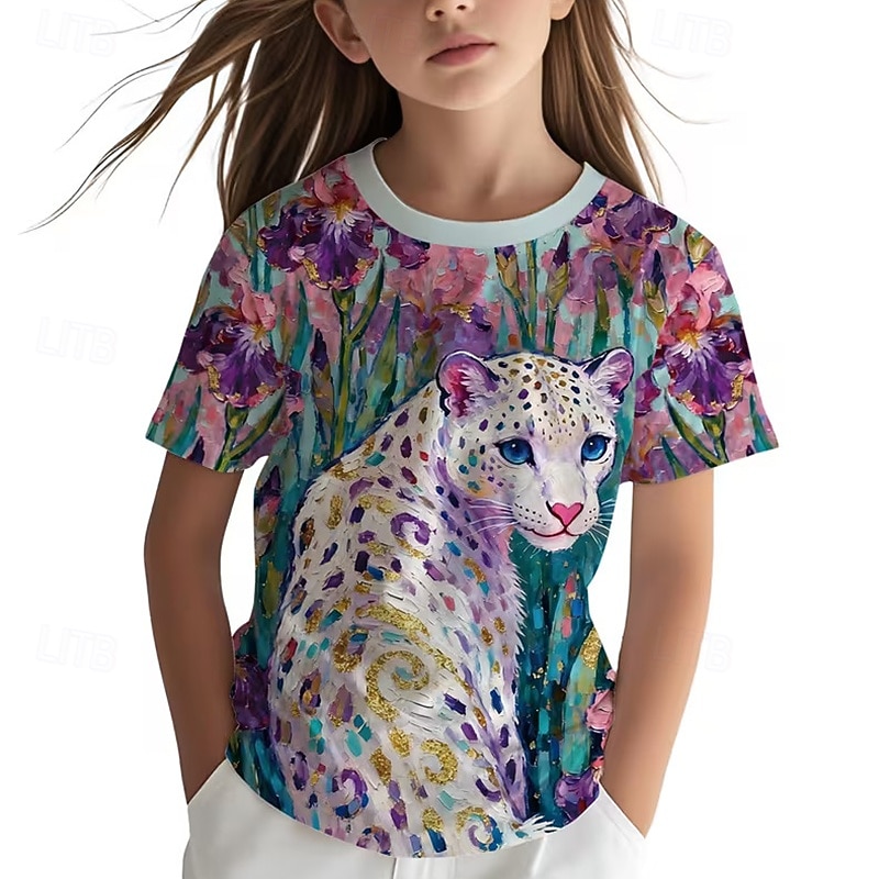 2026年 女の子 3D グラフィック レオパード Tシャツ Ｔシャツ 半袖 3Dプリント 夏 春 スポーツ ファッション ストリートファッション 子供 5〜12年 クルーネック カジュアル 日常 アウトドア レギュラー  コレクション – $13.49 –P1