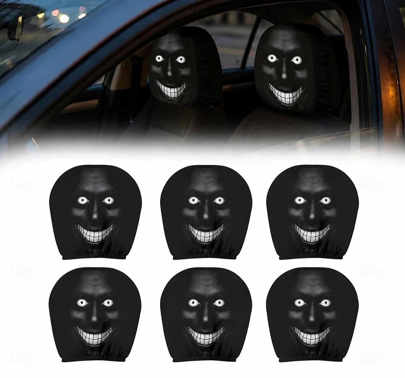 2/4 Stück lustige, gruselige Auto-Kopfstützenbezüge mit unheimlichem Gesichtsmotiv, ideal als Scherzartikel für die Vordersitze, Halloween- oder Gag-Geschenk, strapazierfähiger, dehnbarer Autositzbezug 2026 - $16.99 –P3