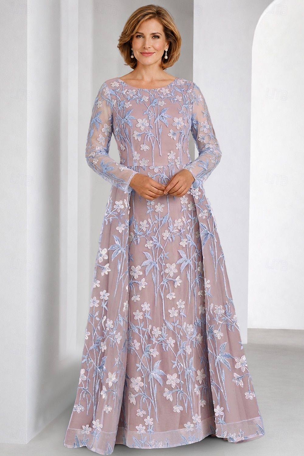 Dos Piezas Corte A Hasta el Suelo Vestido de Madrina Manga Larga Camiseta con cuello redondo Elegante Vintage Embellecido Formal Invitado a la boda Fiesta de Boda Encaje con Bordados Apliques 2026 - $194.99 –P6