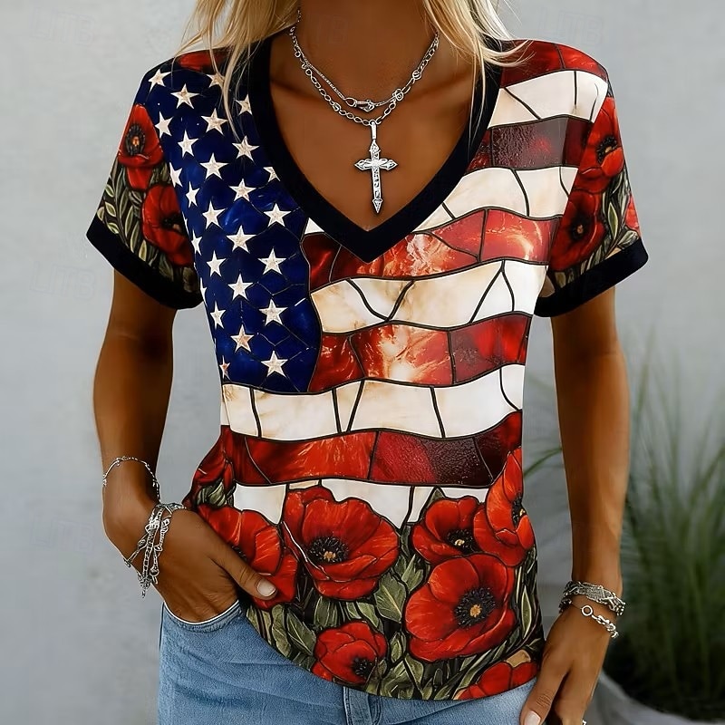 Amerikanischer Unabhängigkeitstag Damen T Shirt Druck Grafik Amerikanische Flagge Vintage Stilvoll Klassisch Kurzarm V Ausschnitt Normale Oberteile Lässig Täglich Schwarz und Rot Rote Schwarz Weiß 2026 - $21.99 –P1