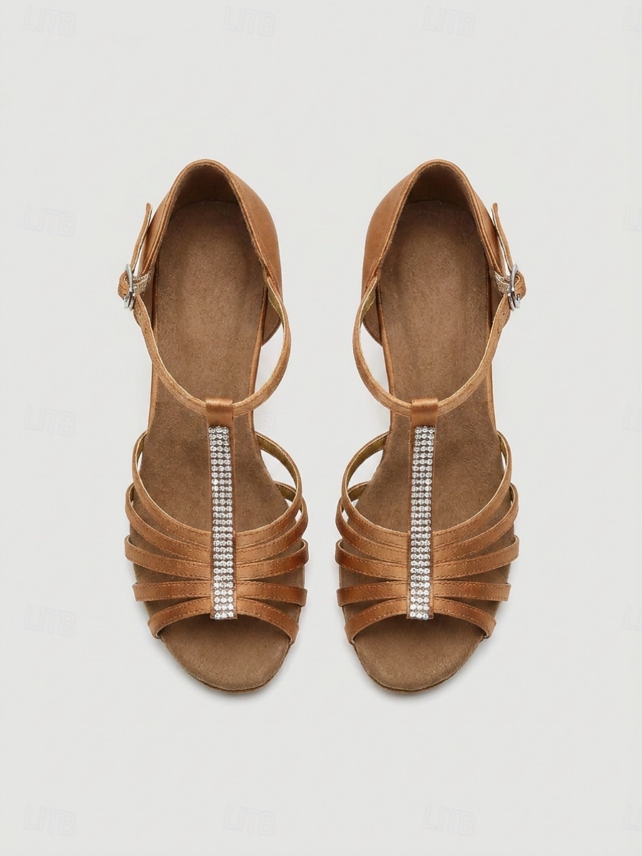 Women's Brown Rhinestone T-Strap Latin Dance Shoes - Elegant Peep Toe Heel Salsa & Tango Sandals with Faux Suede Sole for Dance Practice, Ballroom Performances & Social Events 2026 - $29.99 –P2
