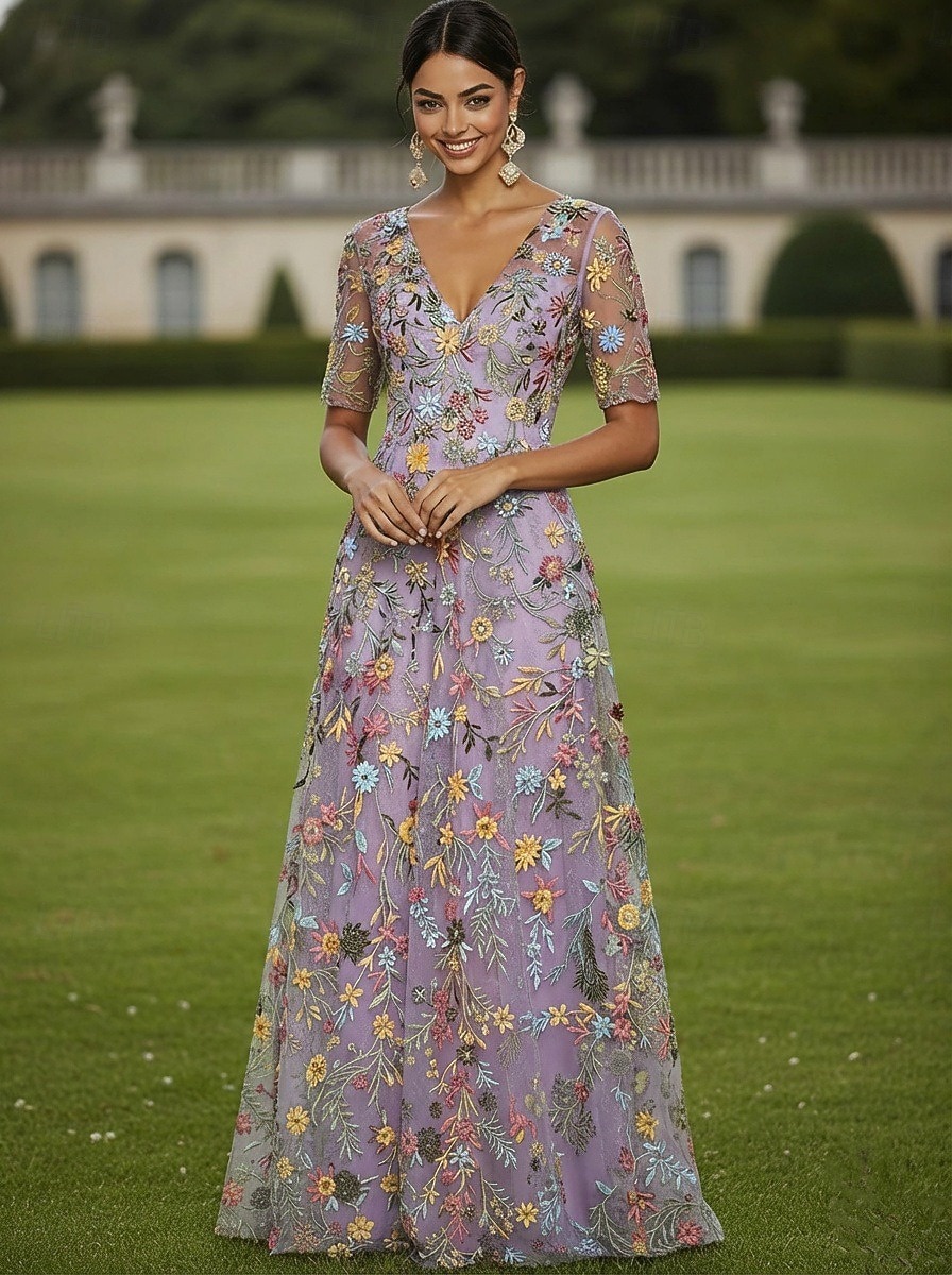 Corte A Vestidos Hasta el Suelo Vestido de Fiesta Vestido Cóctel Vestido de Madrina Media Manga Escote en Pico Elegante Vintage Lujoso Formal Invitado a la boda El derby de Kentucky Tul con Estampado 2026 - $182.99 –P9