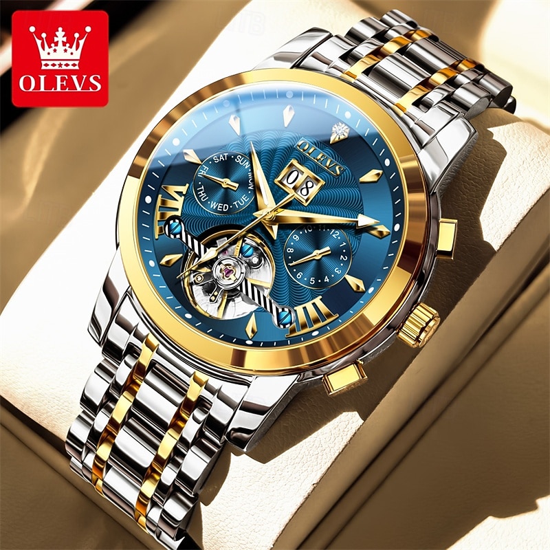Men's Luxury Automatic Mechanical Watch, Two Tone Stainless Steel, Blue Dial Skeleton Tourbillon Style, Self-Winding Business Wristwatch with Big Date Day 24H Waterproof Luminous Gift for Him 2026 - $96.99 –P1