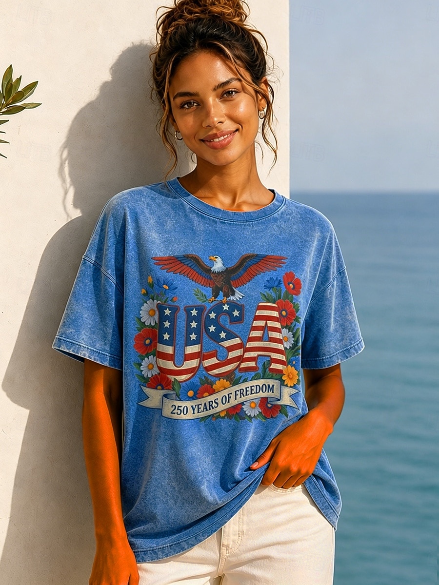 Amerikaanse onafhankelijkheidsdag Dames 100% Katoen T-shirt Vintage gewassen tops Afdrukken Grafisch Brief Vintage Modieus Stijlvol Korte mouw Strakke ronde hals Normale tops Casual Dagelijks blauw 2026 - $33.99 –P6