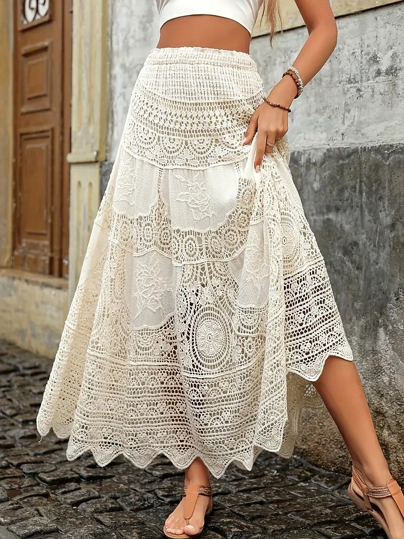 Per donna Cotone Bohemien Maxi Vita Alta Gonne Pizzo Foro Micro-elastico Albicocca Estate del 2026 a $42.99 –P2