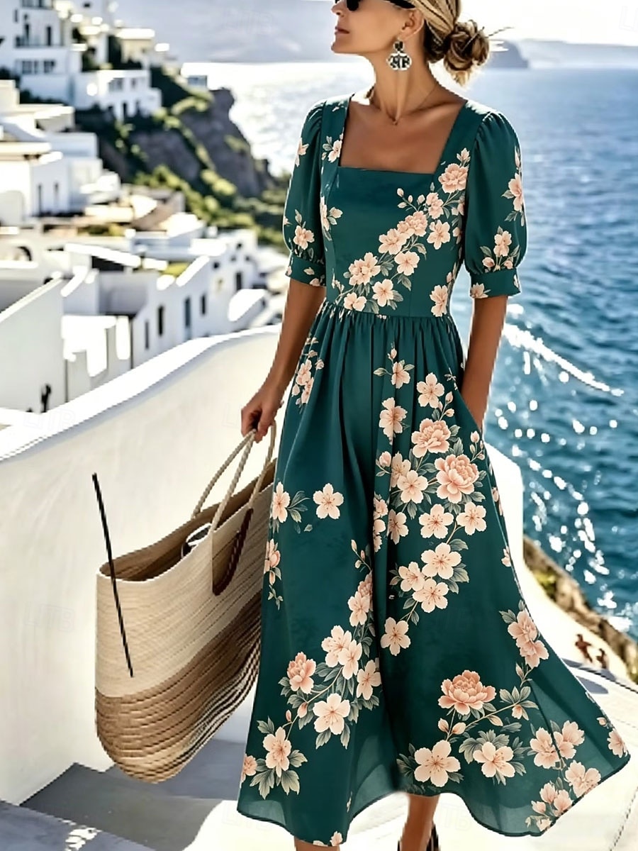 Per donna Abito Midi Vestito Casual Abito a trapezio Elegante Vacanza Spiaggia Ferie Vestibilità regolare Floreale Grafico Mezza Manica Collo quadrato Blu Giallo Verde Estate Primavera del 2026 a $49.99 –P2