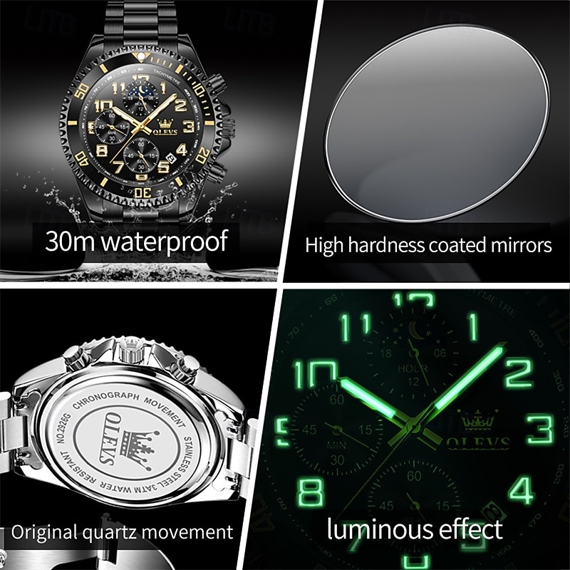 OLEVS Men's Chronograph Watch Luxury Green Face Two Tone Stainless Steel Moon Phase Waterproof Luminous Analog Quartz Wrist Watch for Men Big Face Fashion Sport Business Watch Gifts for Him 2026 - $39.99 –P12