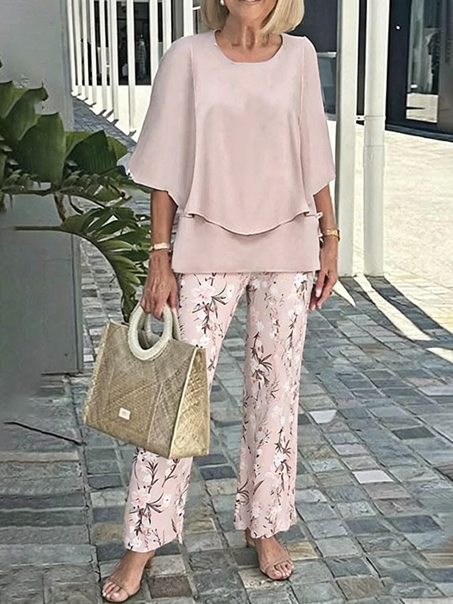 Women's Two Piece Sets Pants Sets Half Sleeve Butterfly Sleeve Round Neck Floral Graphic Ruffle Print Elegant Vacation Casual Daily Beach Blue Pink Purple Spring & Summer Loose Fit 2026 - $51.99 –P2