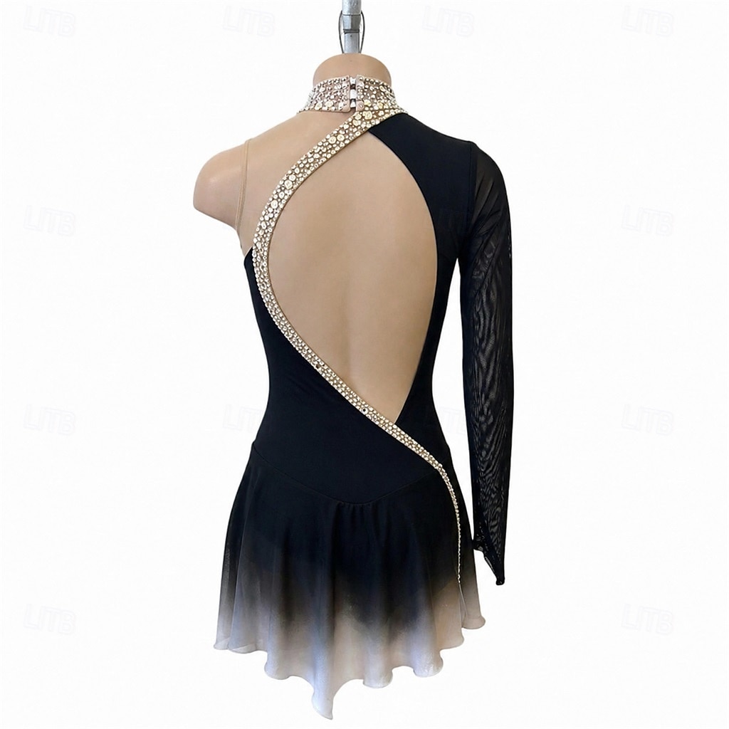 Abito da pattinaggio artistico Per donna Pattinaggio sul ghiaccio Vestito Nero Patchwork Schiena aperta Elasticizzato Allenamento Competizione Vestiti da pattinaggio sul ghiaccio Classico Cristallo del 2026 a $237.69 –P2