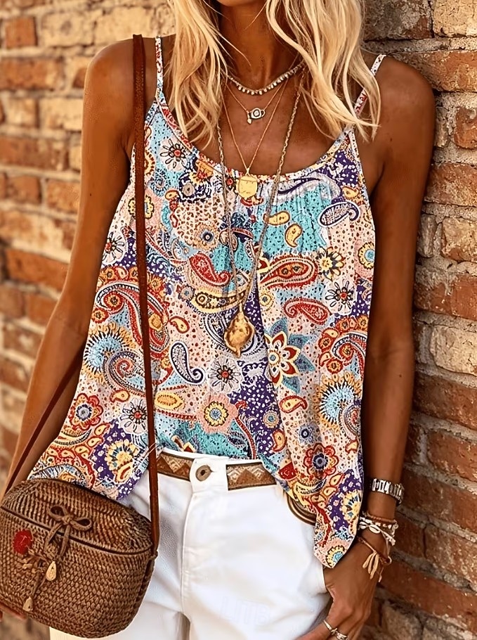 Damen Hemd Bluse Druck Grafik Geometrisch Paisley-Muster Bohemien Vintage Tropisch Ärmellos Träger Normale Oberteile Lässig Täglich Khaki Rote Dunkelgrün Purpur Braun Sommer Frühling 2026 - $21.99 –P9
