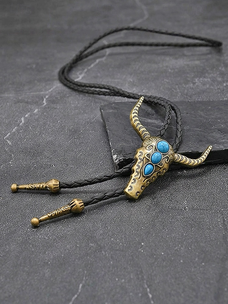 ربطة عنق بولو غربية رجالية مزينة بقلادة رأس ثور وأحجار زرقاء، مع حبل جلدي قابل للتعديل، وقلادة على طراز رعاة البقر الكلاسيكي للرجال الناضجين 2026 - $11.99 –P10