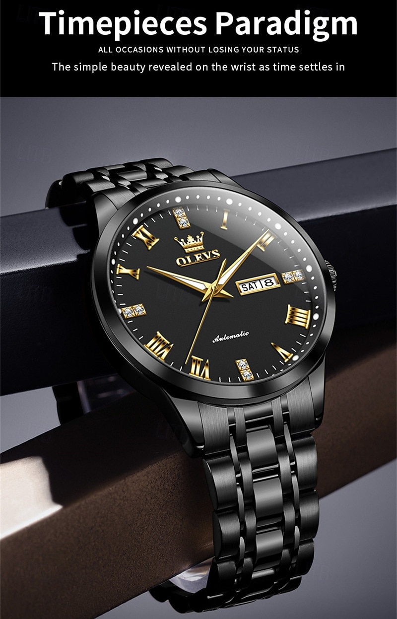 OLEVS Men's Automatic Mechanical Watch, Luxury Stainless Steel Business Dress Watch for Men, Self Winding Wristwatch with Day Date, Waterproof Luminous Diamond Roman Numerals Black Dial Gift Box 2026 - $81.99 –P7